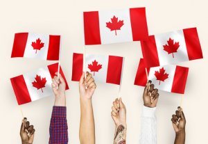 Hands waving flags of Canada